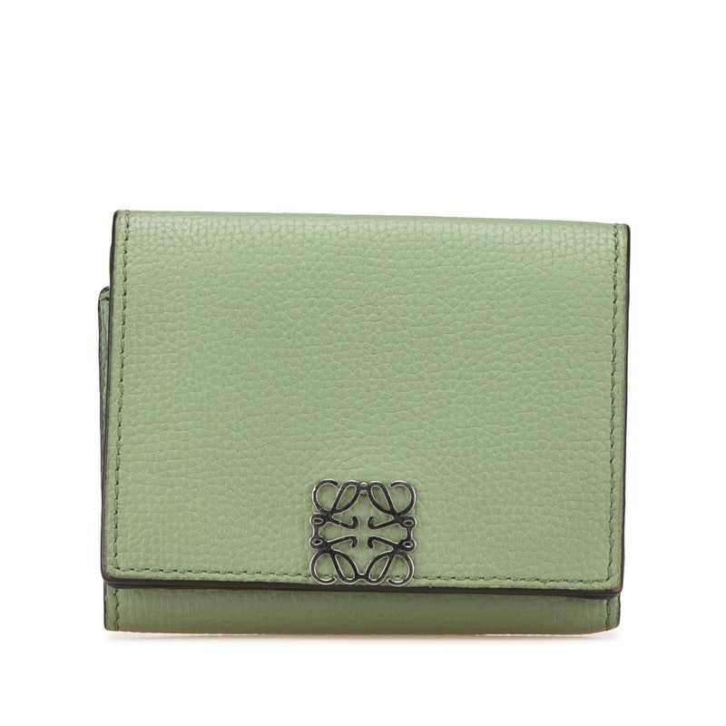 ロエベ アナグラム トライフォールド 三つ折り財布 グリーン カーフ レザー レディース LOEWE 【中古】