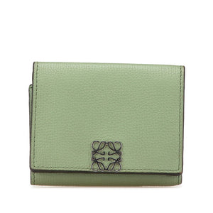 ロエベ アナグラム トライフォールド 三つ折り財布 グリーン カーフ レザー レディース LOEWE 【中古】