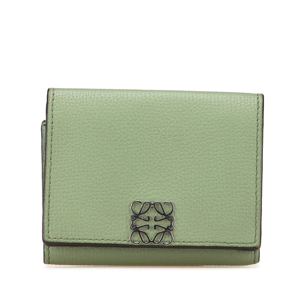 ロエベ アナグラム トライフォールド 三つ折り財布 グリーン カーフ レザー レディース LOEWE 【中古】