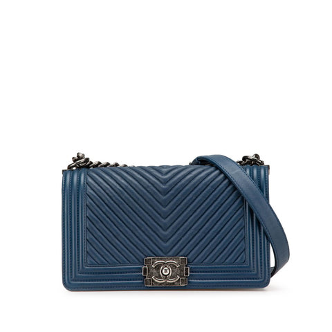 シャネル ボーイシャネル25 Vステッチ チェーン ショルダーバッグ ネイビー ラムスキン レディース CHANEL 【中古】