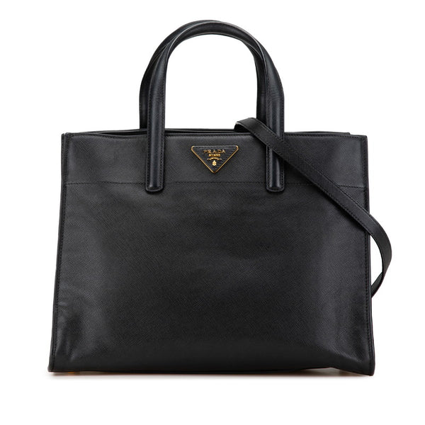 プラダ 三角ロゴプレート サフィアーノ ハンドバッグ ショルダーバッグ 2WAY ブラック レザー レディース PRADA 【中古】
