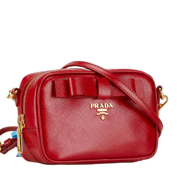 プラダ リボン 斜め掛け ミニショルダーバッグ 1N1674 レッド エナメル サフィアーノレザー レディース PRADA 【中古】