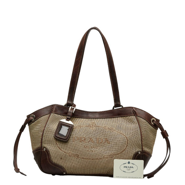 プラダ ロゴジャカード トートバッグ BR3419 ベージュ ブラウン キャンバス レザー レディース PRADA 【中古】