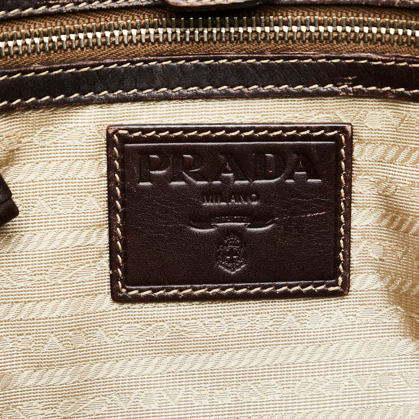 プラダ ロゴジャカード トートバッグ BR3419 ベージュ ブラウン キャンバス レザー レディース PRADA 【中古】