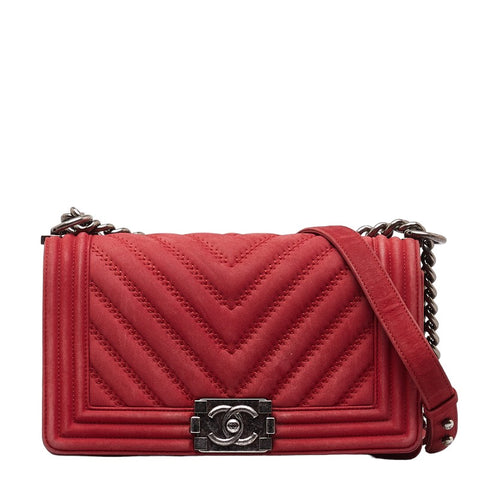 シャネル ボーイ シャネル　 ココマーク　Vステッチ チェーン ショルダーバッグ レッド シルバー レディース CHANEL 【中古】