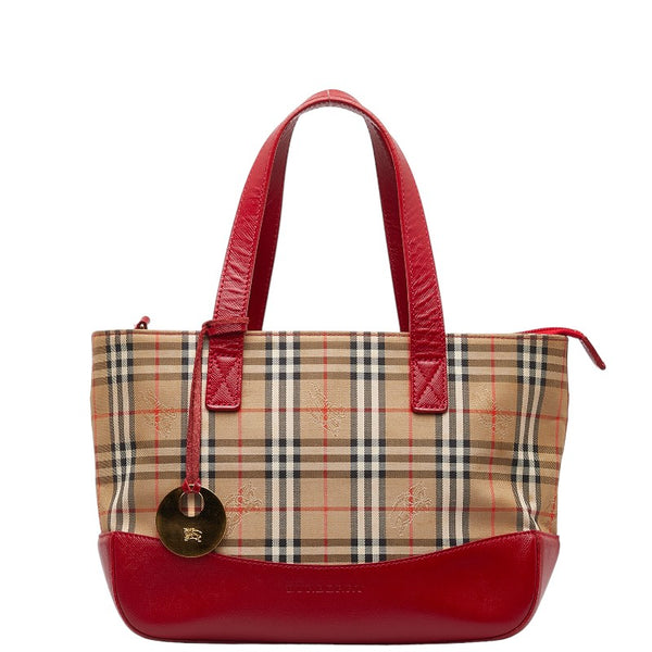 バーバリー ノバチェック シャドーホース ハンドバッグ トートバッグ ベージュ レッド キャンバス レザー レディース BURBERRY 【中古】