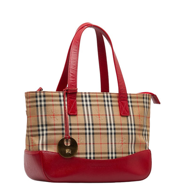 バーバリー ノバチェック シャドーホース ハンドバッグ トートバッグ ベージュ レッド キャンバス レザー レディース BURBERRY 【中古】