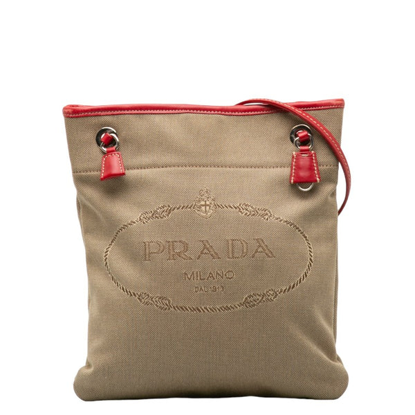 プラダ ロゴジャガード 斜め掛け ショルダーバッグ ベージュ レッド キャンバス レザー レディース PRADA 【中古】