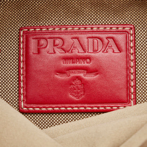 プラダ ロゴジャガード 斜め掛け ショルダーバッグ ベージュ レッド キャンバス レザー レディース PRADA 【中古】