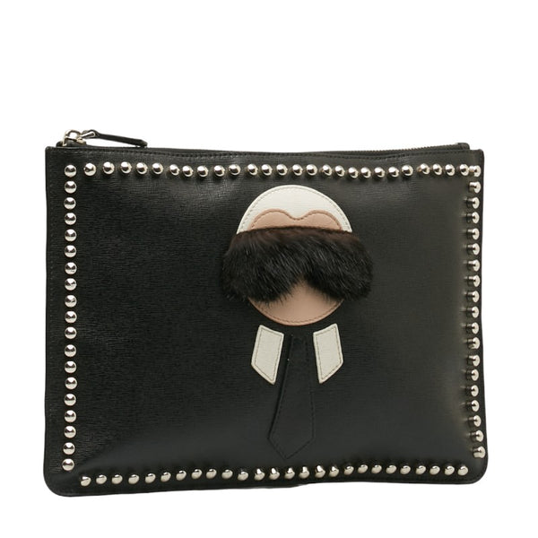 フェンディ カールラガーフェルド スタッズ クラッチバッグ 7N0078 ブラック レザー レディース FENDI 【中古】