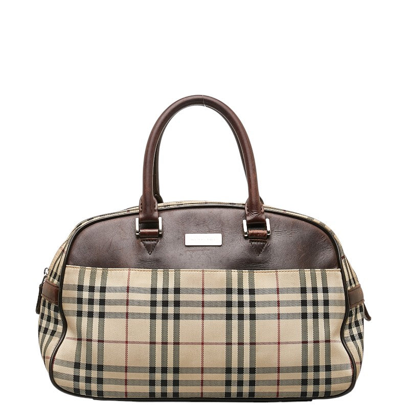 バーバリー ノバチェック ハンドバッグ ベージュ ブラウン キャンバス レザー レディース BURBERRY 【中古】