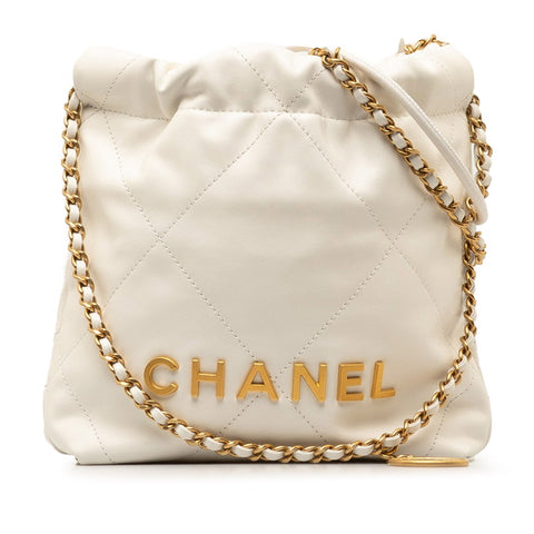 シャネル ココマーク シャネル 22 ミニ 巾着 チェーン ショルダーバッグ ホワイト ゴールド レザー レディース CHANEL 【中古】