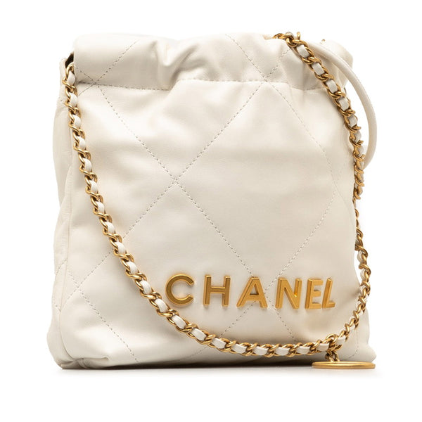 シャネル ココマーク シャネル 22 ミニ 巾着 チェーン ショルダーバッグ ホワイト ゴールド レザー レディース CHANEL 【中古】