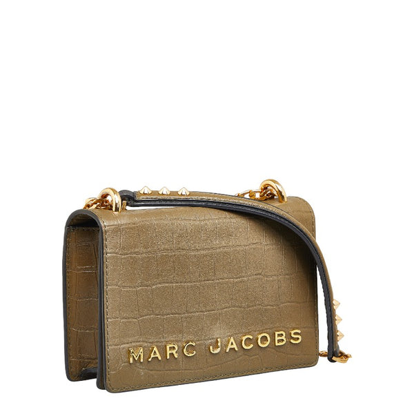 マークジェイコブス クロコ型押し スタッズ チェーン 斜め掛け ショルダーバッグ カーキ カウレザー レディース MARC JACOBS 【中古】