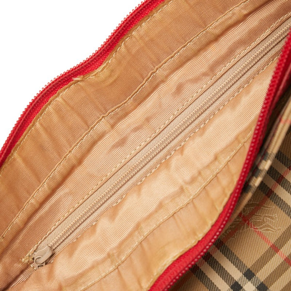 バーバリー ノバチェック シャドーホース ハンドバッグ ブラウン レッド キャンバス レザー レディース BURBERRY 【中古】