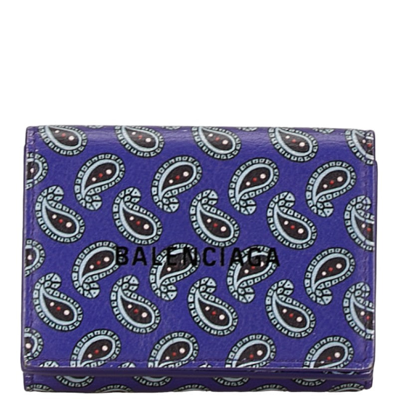 バレンシアガ CASH MINI WALLET ロゴ ペイズリー 三つ折り財布 コンパクトウォレット 594312 パープル レザー レディース BALENCIAGA 【中古】