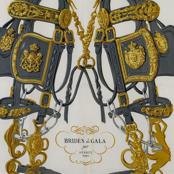 エルメス カレ90 BRIDES de GALA 式典用の馬勒 スカーフ レッド ホワイト シルク レディース HERMES 【中古】