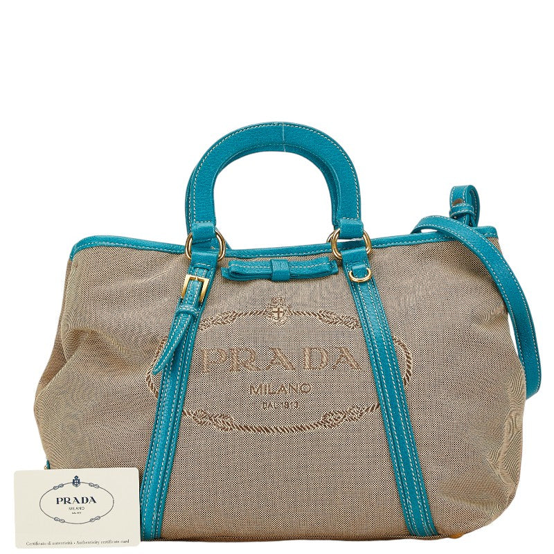 プラダ カナパ ハンドバッグ ショルダーバッグ 2WAY グリーン ベージュ キャンバス レザー レディース PRADA 【中古】