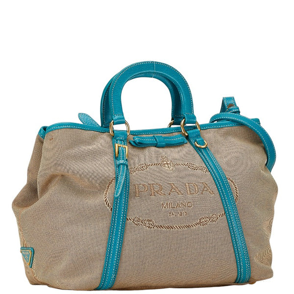 プラダ カナパ ハンドバッグ ショルダーバッグ 2WAY グリーン ベージュ キャンバス レザー レディース PRADA 【中古】