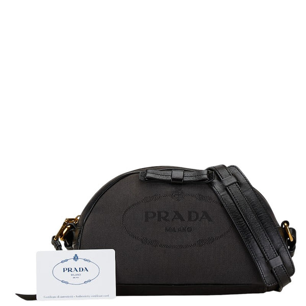 プラダ ロゴジャガード ショルダーバッグ ブラック キャンバス レザー レディース PRADA 【中古】