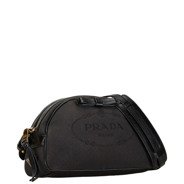 プラダ ロゴジャガード ショルダーバッグ ブラック キャンバス レザー レディース PRADA 【中古】