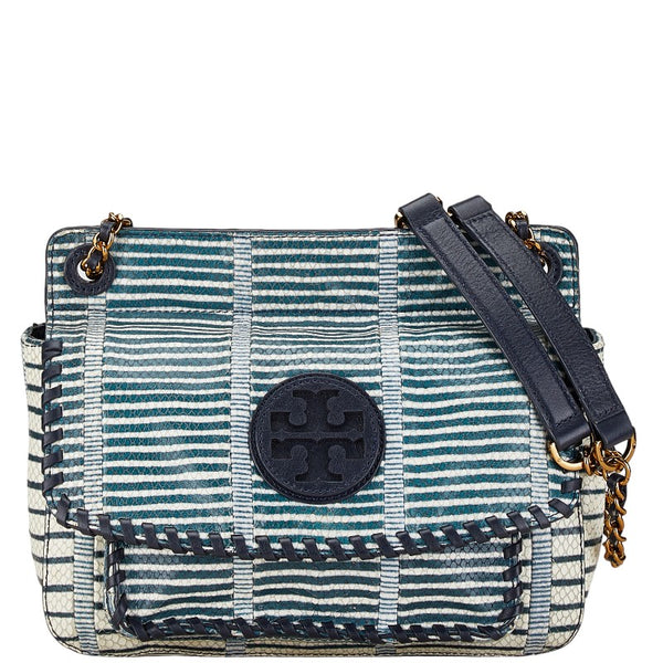 トリーバーチ パイソン型押し ボーダー チェーン ショルダーバッグ ネイビー ホワイト レザー レディース Tory Burch 【中古】