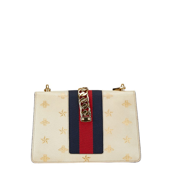 グッチ シルヴィ ビー＆スター スモール チェーン ショルダーバッグ 524405 ホワイト ゴールド レザー レディース GUCCI 【中古】