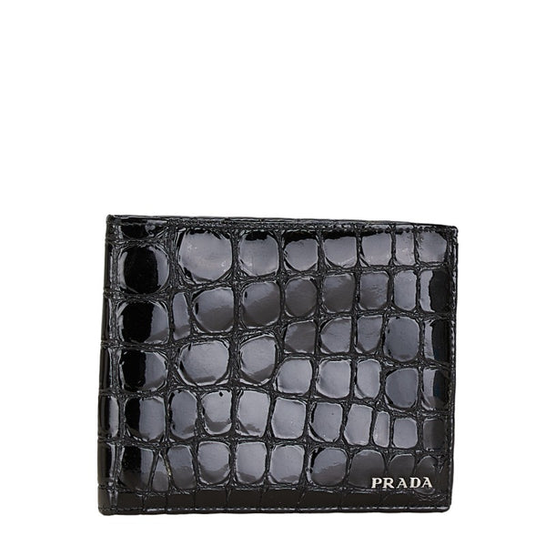 プラダ クロコ型押し 二つ折り財布 ブラック エナメル レディース PRADA 【中古】