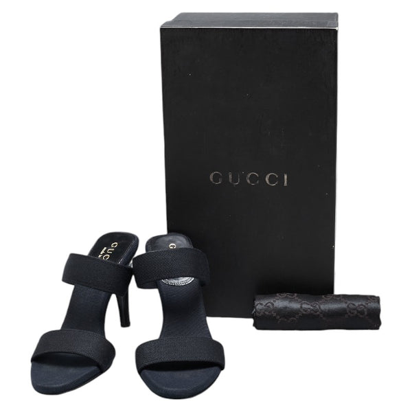 グッチ ミュール サンダル サイズ：34 1/2 C ブラック キャンバス レザー レディース GUCCI 【中古】