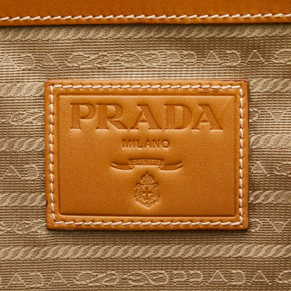 プラダ ロゴジャガード ボストンバッグ トラベルバッグ V410/A ベージュ キャンバス レザー レディース PRADA 【中古】