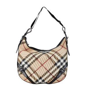 バーバリー チェック シャドーホース ワンショルダーバッグ ハンドバッグ ベージュ ブラック PVC レザー レディース BURBERRY 【中古】