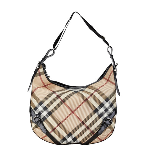 バーバリー チェック シャドーホース ワンショルダーバッグ ハンドバッグ ベージュ ブラック PVC レザー レディース BURBERRY 【中古】