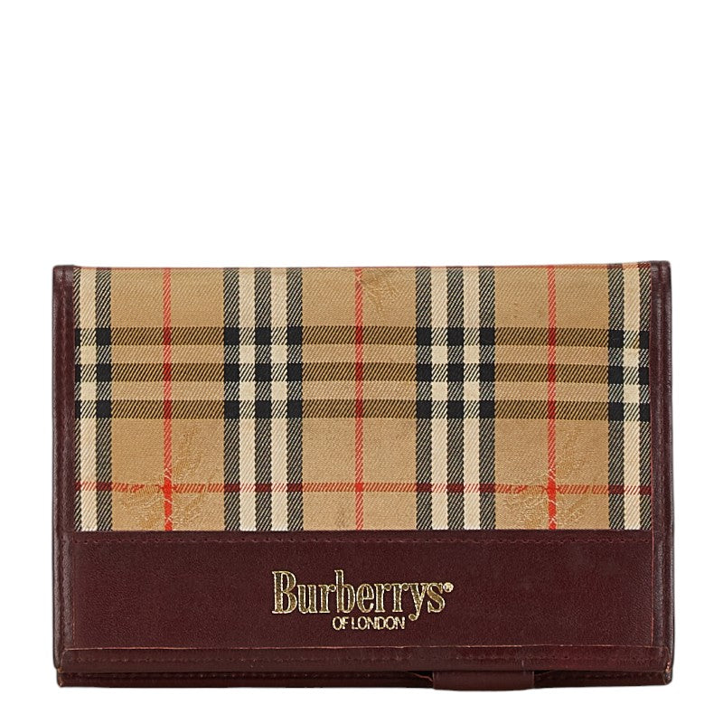 バーバリー ノバチェック シャドーホース 手帳 ベージュ ブラウン ワインレッド キャンバス レザー レディース BURBERRY 【中古】