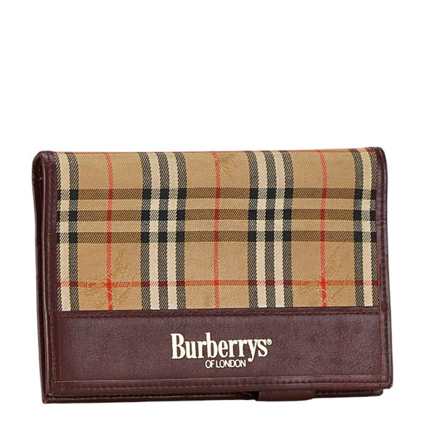 バーバリー ノバチェック シャドーホース 手帳 ベージュ ブラウン ワインレッド キャンバス レザー レディース BURBERRY 【中古】