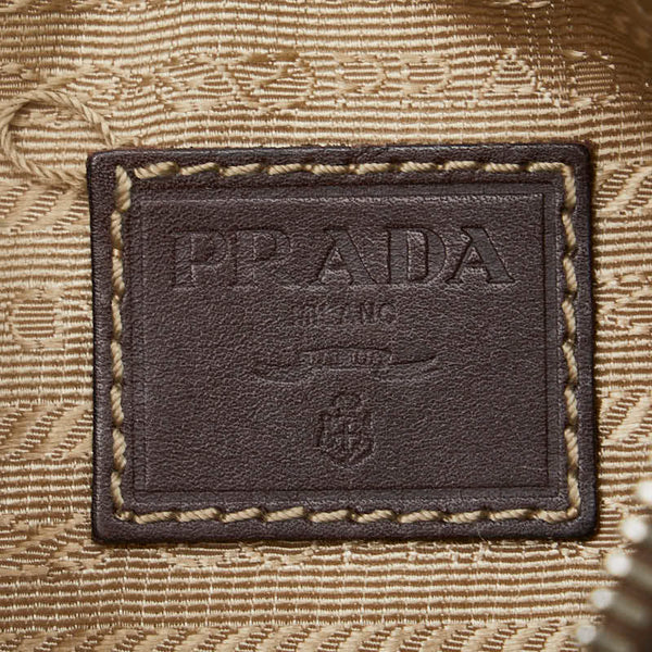 プラダ ロゴジャガード ポーチ ベージュ ブラウン キャンバス レザー レディース PRADA 【中古】