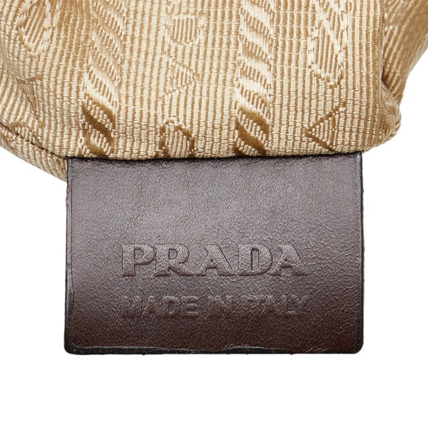 プラダ ロゴジャガード ポーチ ベージュ ブラウン キャンバス レザー レディース PRADA 【中古】