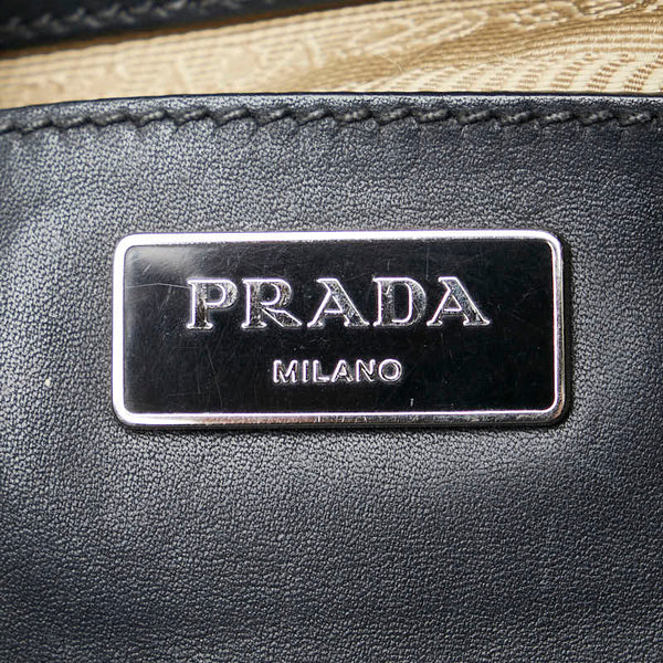 プラダ 三角ロゴプレート ハンドバッグ トートバッグ ネイビー グレージュ レザー キャンバス レディース PRADA 【中古】