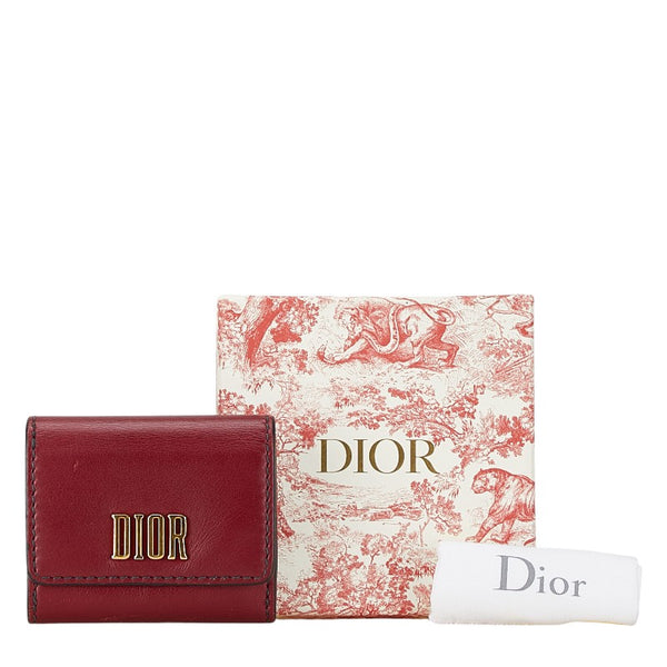 ディオール D-FENCE LOTUS 三つ折り財布 コンパクトウォレット ワインレッド レザー レディース Dior 【中古】