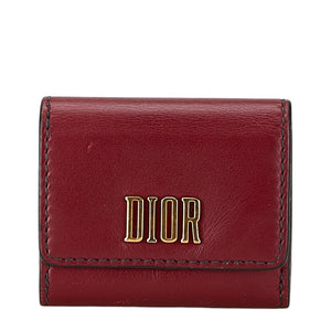 ディオール D-FENCE LOTUS 三つ折り財布 コンパクトウォレット ワインレッド レザー レディース Dior 【中古】