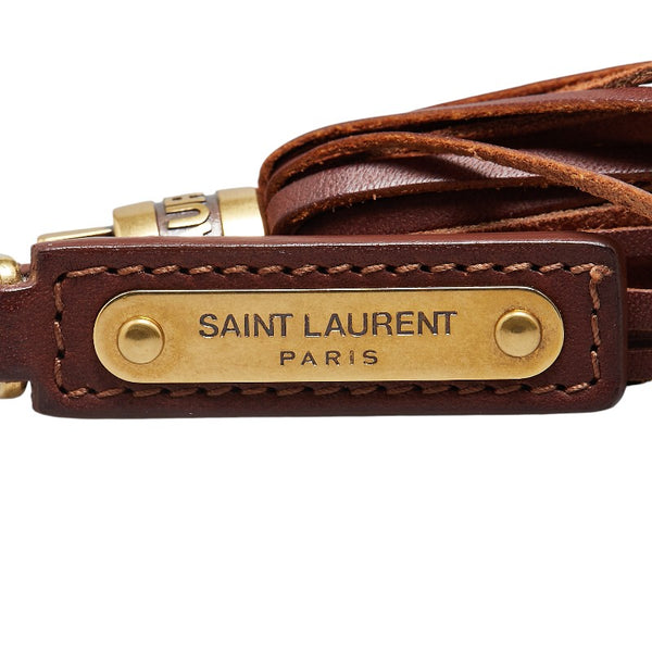 サンローラン ロゴプレート タッセル チャーム ブラウン ゴールド レザー レディース SAINT LAURENT 【中古】