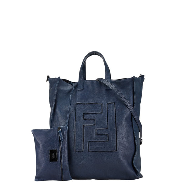 フェンディ FFロゴ トートバッグ ショルダーバッグ 7VA245 ネイビー レザー レディース FENDI 【中古】