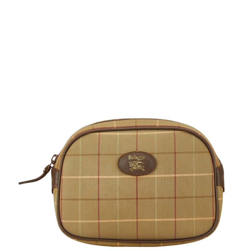 バーバリー チェック ポーチ ブラウン カーキグリーン キャンバス レザー レディース BURBERRY 【中古】