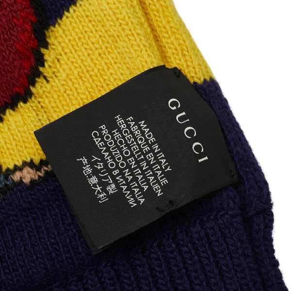 グッチ ボーダー LOVED スネーク モチーフ マフラー ネイビー イエロー ウール レディース GUCCI 【中古】