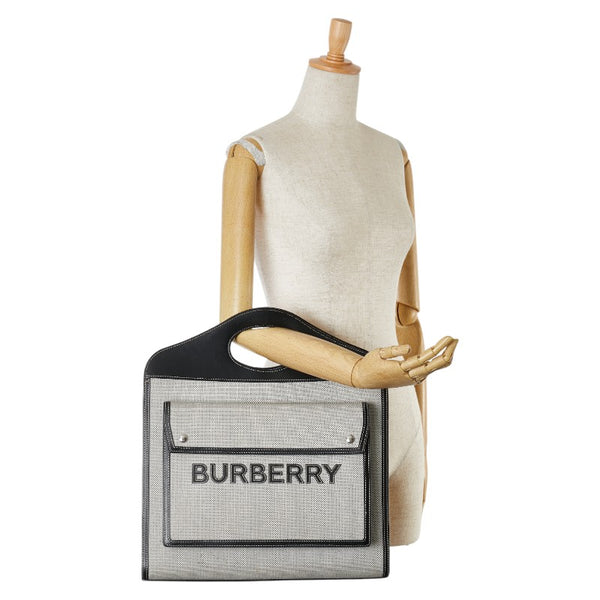 バーバリー ホースフェリー ロゴ ハンドバッグ ブラック ホワイト キャンバス レザー レディース BURBERRY 【中古】