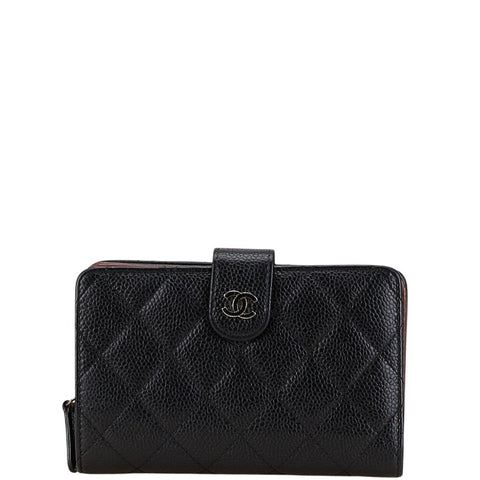 シャネル マトラッセ ココマーク 二つ折り財布 ブラック シルバー キャビアスキン レディース CHANEL 【中古】