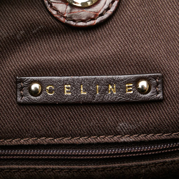 セリーヌ マカダム クロコ型押し トートバッグ ショルダーバッグ ブラウン キャンバス レザー レディース CELINE 【中古】