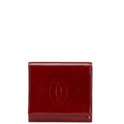 カルティエ ハッピーバースデー 三つ折り財布 ワインレッド ボルドー エナメル レディース CARTIER 【中古】