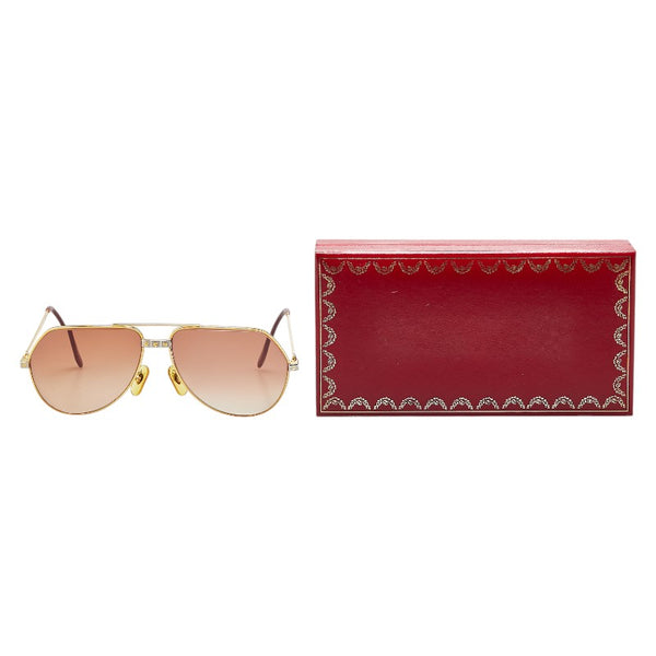 カルティエ ティアドロップ サングラス 度入り ブラウン ゴールド プラスチック K14 ゴールド レディース CARTIER 【中古】