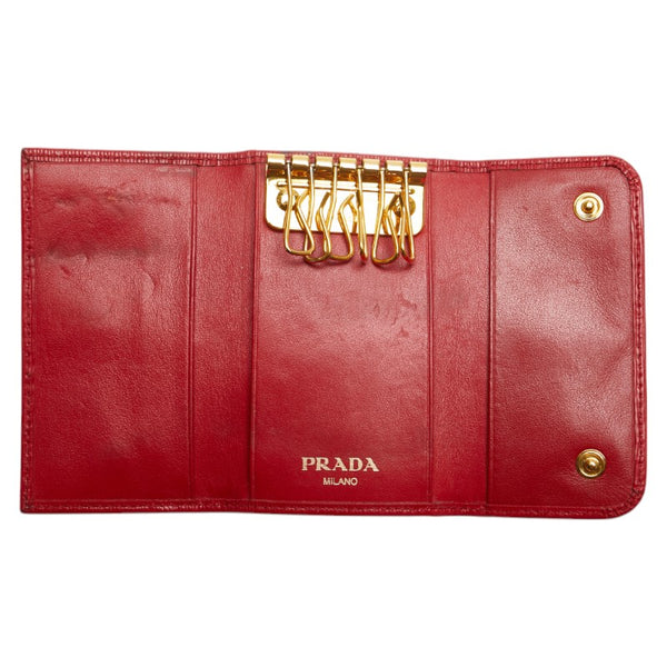 プラダ ロゴ金具 6連 キーケース レッド レザー レディース PRADA 【中古】