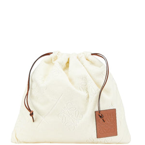ロエベ アナグラム ドローストリングポーチ 巾着バッグ ホワイト タン パイル レザー レディース LOEWE 【中古】